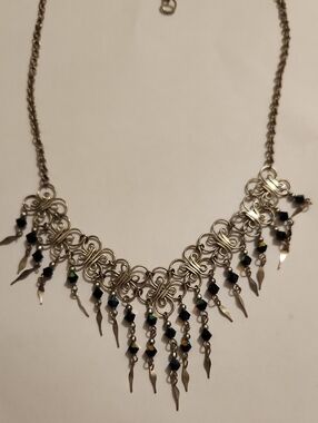 Silver-Tone Irridescent Black Bead Fringe Statement Necklace
